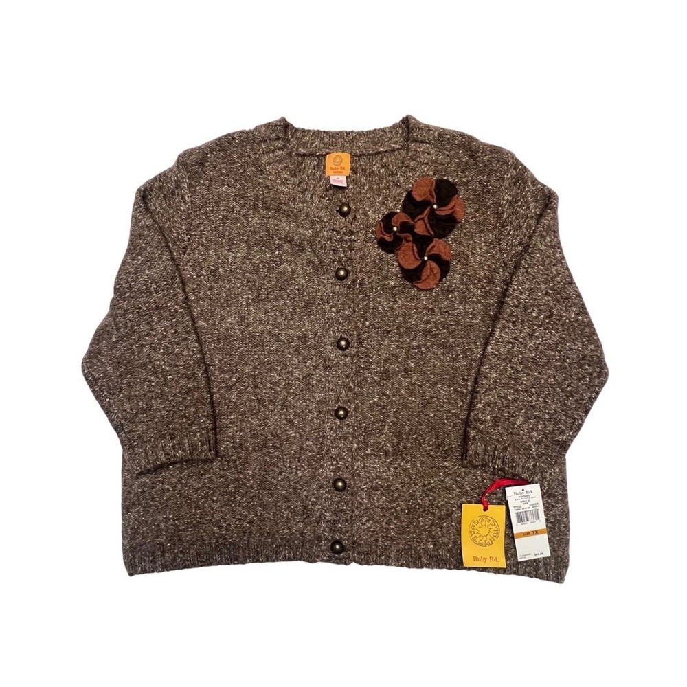 Ruby Rd. Brown Speckled Button Front Flower Appliqué Sweater NWT Size 3X